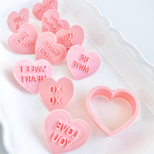Load image into Gallery viewer, 10pc Conversation Hearts Embosser Set with Cookie Cutter
