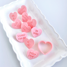 Load image into Gallery viewer, 10pc Conversation Hearts Embosser Set with Cookie Cutter
